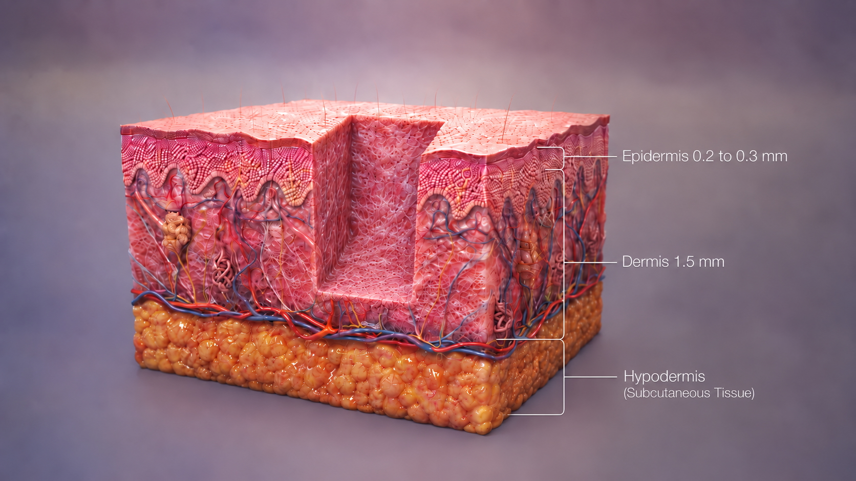 3D cross-section of skin with a deep boxcar scar — vertical walls and a flat floor sitting within the dermis, above the subcutaneous fat