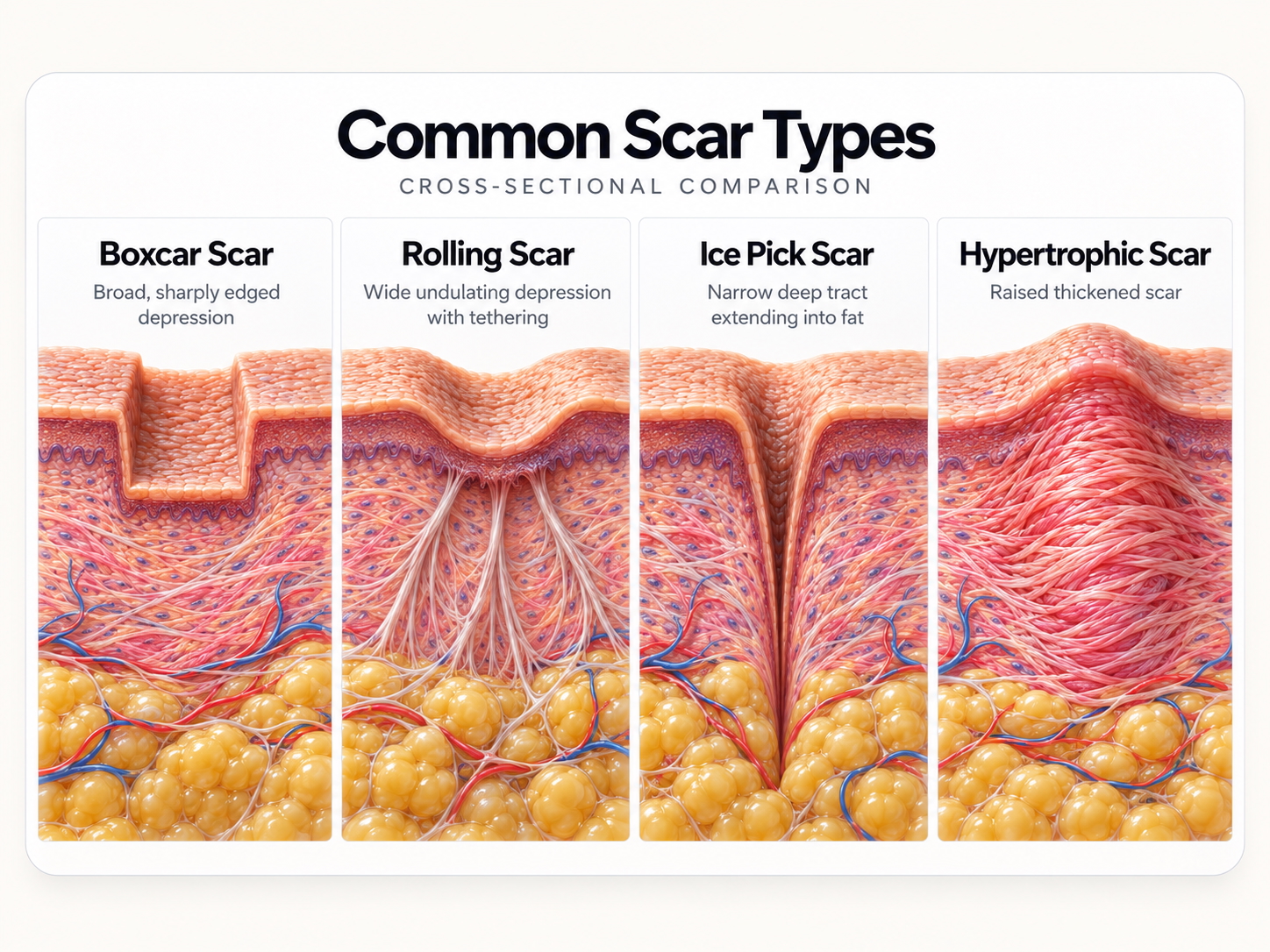 Cross-section comparing boxcar, rolling, ice pick and hypertrophic scars