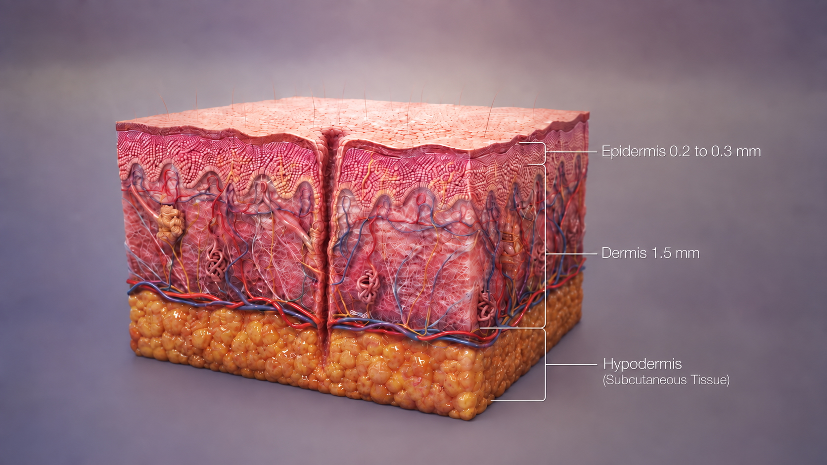 3D cross-section of skin showing epidermis, dermis and subcutaneous fat, with a narrow ice pick scar tract running down into the fat