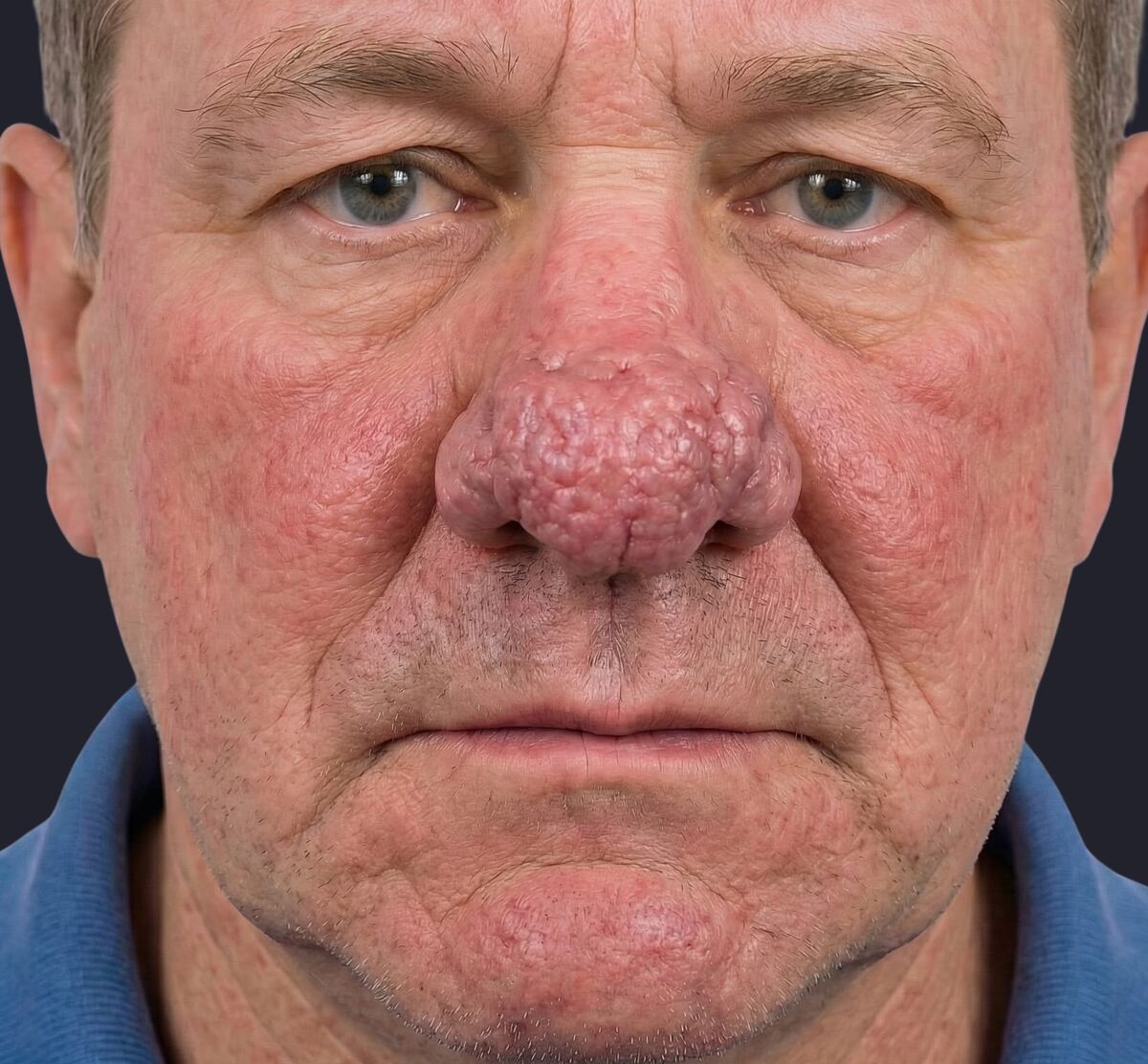 Rhinophyma: thickened, enlarged nose skin from rosacea