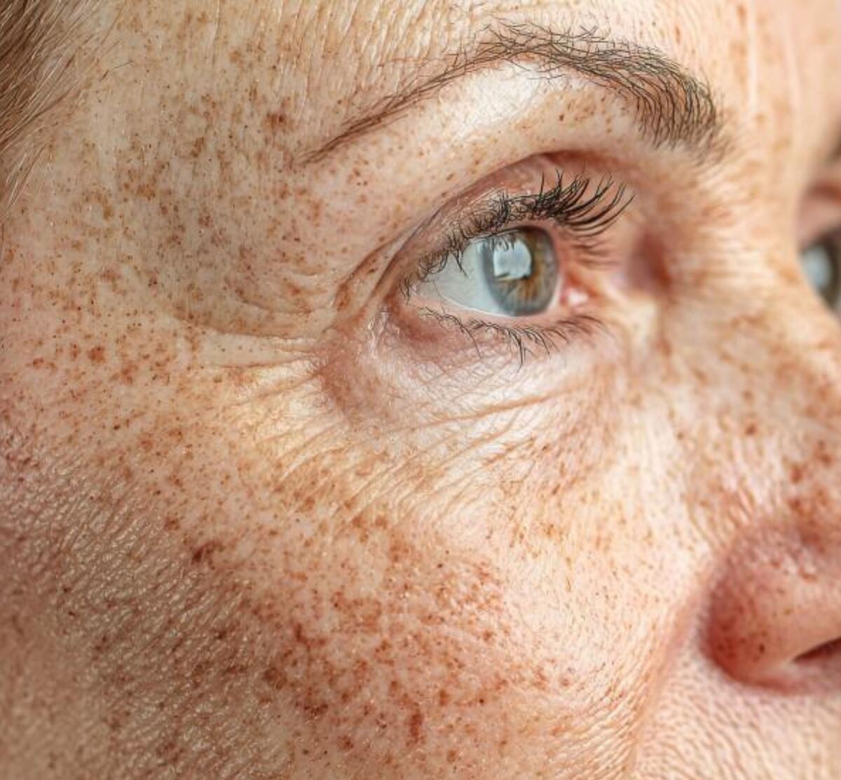 Heavy freckling and sun damage around the eye