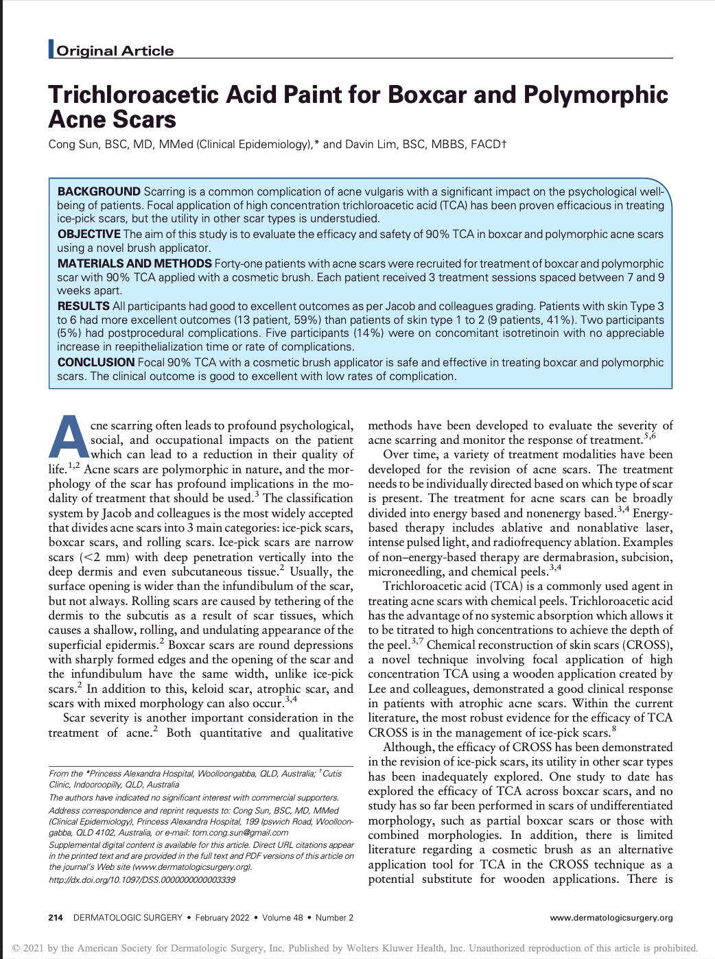 First page of Sun and Lim, Trichloroacetic Acid Paint for Boxcar and Polymorphic Acne Scars, Dermatologic Surgery 2022